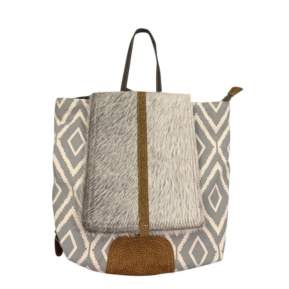 Myra Grizzle Cowhide Upcycled Canvas Chevron Backpack Leather Accents